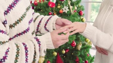 Birkaç mutlu kadın Noel günü yüzük takar. Romantik aşıkların yaşam tarzı. Yılbaşından önce Noel ağacıyla mutlu noeller.