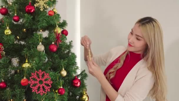 Женщины Украшают Орнамент Оленя Рождественской Елке Образ Жизни Пары Влюбленных — стоковое видео