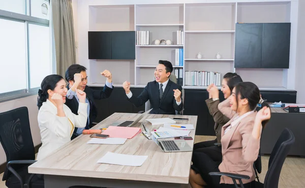 manager and workers very happy on business success in business corporate team meeting, leadership businessman work professional businesswoman on business team discussion in corporate meeting