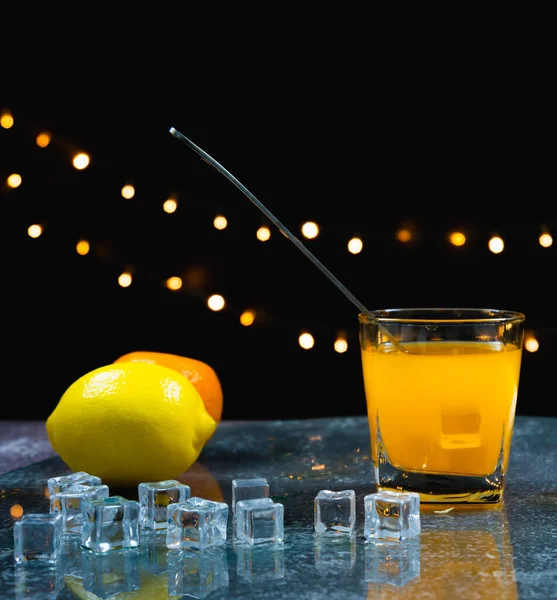 Orange Juice Ice Spoon Glass Fresh Lemon Orange Ice Table — Stock Photo, Image