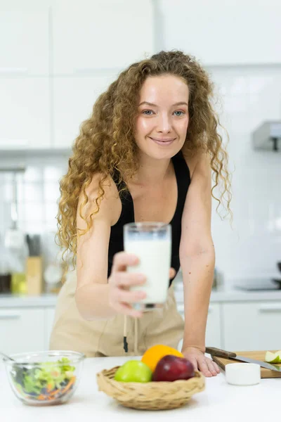 Beautiful Healthy Woman Show Milk Glass Smile Happy Look Camera — Stock Photo, Image