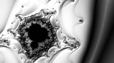 Siyah ve beyaz monokrom soyut sanat video animasyonu gerçeküstü uzaylı fraktal kaleydoskopik anahat çiçek kristal simetri yapısı dönüşüm değişim sürecinde 