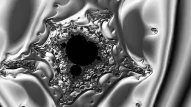 Siyah ve beyaz monokrom soyut sanat video animasyonu gerçeküstü uzaylı fraktal kaleydoskopik anahat çiçek kristal simetri yapısı dönüşüm değişim sürecinde 