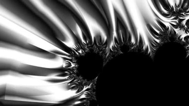 Siyah ve beyaz monokrom soyut sanat video animasyonu gerçeküstü uzaylı fraktal kaleydoskopik anahat çiçek kristal simetri yapısı dönüşüm değişim sürecinde 