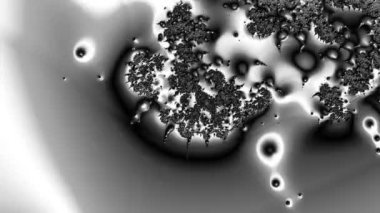 Siyah ve beyaz monokrom soyut sanat video animasyonu gerçeküstü uzaylı fraktal kaleydoskopik anahat çiçek kristal simetri yapısı dönüşüm değişim sürecinde 