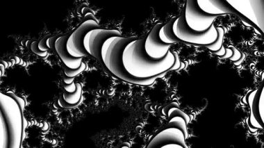 Siyah ve beyaz monokrom soyut sanat video animasyonu gerçeküstü uzaylı fraktal kaleydoskopik anahat çiçek kristal simetri yapısı dönüşüm değişim sürecinde 