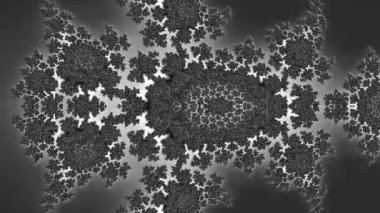 Siyah ve beyaz monokrom soyut sanat video animasyonu gerçeküstü uzaylı fraktal kaleydoskopik anahat çiçek kristal simetri yapısı dönüşüm değişim sürecinde 