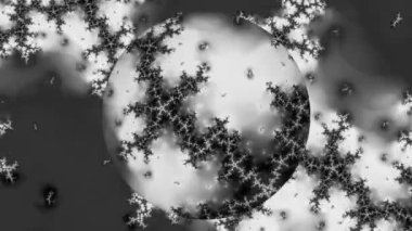 Siyah ve beyaz monokrom soyut sanat video animasyonu gerçeküstü uzaylı fraktal kaleydoskopik anahat çiçek kristal simetri yapısı dönüşüm değişim sürecinde 