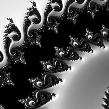 Siyah ve beyaz monokrom soyut sanat video animasyonu gerçeküstü uzaylı fraktal kaleydoskopik anahat çiçek kristal simetri yapısı dönüşüm değişim sürecinde 