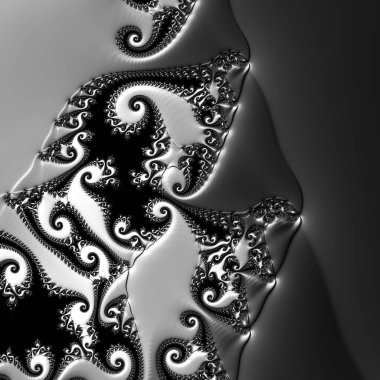 Siyah ve beyaz monokrom soyut sanat video animasyonu gerçeküstü uzaylı fraktal kaleydoskopik anahat çiçek kristal simetri yapısı dönüşüm değişim sürecinde 