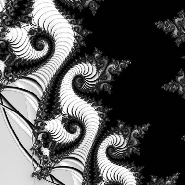 Siyah ve beyaz monokrom soyut sanat video animasyonu gerçeküstü uzaylı fraktal kaleydoskopik anahat çiçek kristal simetri yapısı dönüşüm değişim sürecinde 