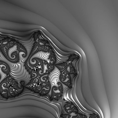 Siyah ve beyaz monokrom soyut sanat video animasyonu gerçeküstü uzaylı fraktal kaleydoskopik anahat çiçek kristal simetri yapısı dönüşüm değişim sürecinde 