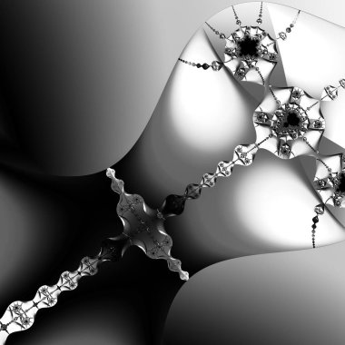 Siyah ve beyaz monokrom soyut sanat video animasyonu gerçeküstü uzaylı fraktal kaleydoskopik anahat çiçek kristal simetri yapısı dönüşüm değişim sürecinde 