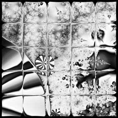 Siyah ve beyaz monokrom soyut sanat video animasyonu gerçeküstü uzaylı fraktal kaleydoskopik anahat çiçek kristal simetri yapısı dönüşüm değişim sürecinde 