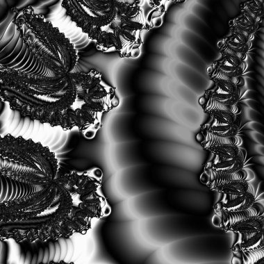 Siyah ve beyaz monokrom soyut sanat video animasyonu gerçeküstü uzaylı fraktal kaleydoskopik anahat çiçek kristal simetri yapısı dönüşüm değişim sürecinde 