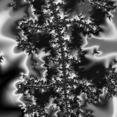 Siyah ve beyaz monokrom soyut sanat video animasyonu gerçeküstü uzaylı fraktal kaleydoskopik anahat çiçek kristal simetri yapısı dönüşüm değişim sürecinde 