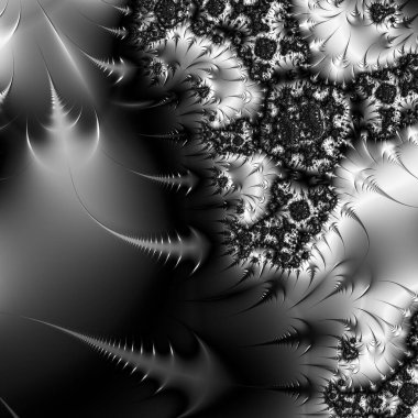 Siyah ve beyaz monokrom soyut sanat video animasyonu gerçeküstü uzaylı fraktal kaleydoskopik anahat çiçek kristal simetri yapısı dönüşüm değişim sürecinde 