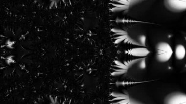 Siyah ve beyaz monokrom soyut sanat video animasyonu gerçeküstü uzaylı fraktal kaleydoskopik anahat çiçek kristal simetri yapısı dönüşüm değişim sürecinde 