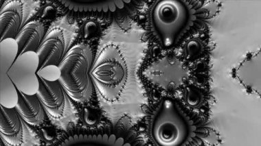 Siyah ve beyaz monokrom soyut sanat video animasyonu gerçeküstü uzaylı fraktal kaleydoskopik anahat çiçek kristal simetri yapısı dönüşüm değişim sürecinde 