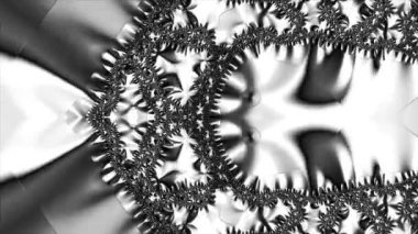 Siyah ve beyaz monokrom soyut sanat video animasyonu gerçeküstü uzaylı fraktal kaleydoskopik anahat çiçek kristal simetri yapısı dönüşüm değişim sürecinde 