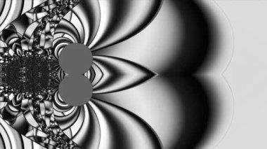 Siyah ve beyaz monokrom soyut sanat video animasyonu gerçeküstü uzaylı fraktal kaleydoskopik anahat çiçek kristal simetri yapısı dönüşüm değişim sürecinde 
