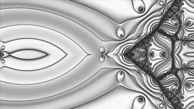 Siyah ve beyaz monokrom soyut sanat video animasyonu gerçeküstü uzaylı fraktal kaleydoskopik anahat çiçek kristal simetri yapısı dönüşüm değişim sürecinde 