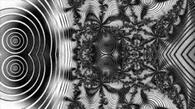 Siyah ve beyaz monokrom soyut sanat video animasyonu gerçeküstü uzaylı fraktal kaleydoskopik anahat çiçek kristal simetri yapısı dönüşüm değişim sürecinde 