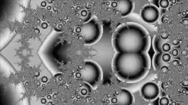 Siyah ve beyaz monokrom soyut sanat video animasyonu gerçeküstü uzaylı fraktal kaleydoskopik anahat çiçek kristal simetri yapısı dönüşüm değişim sürecinde 