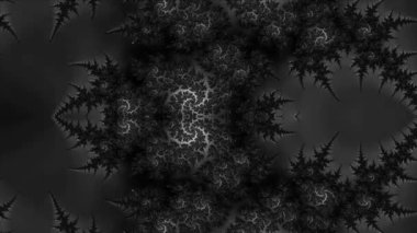 Siyah ve beyaz monokrom soyut sanat video animasyonu gerçeküstü uzaylı fraktal kaleydoskopik anahat çiçek kristal simetri yapısı dönüşüm değişim sürecinde 