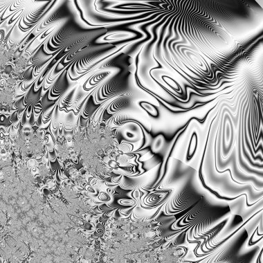 Siyah ve beyaz monokrom soyut sanat video animasyonu gerçeküstü uzaylı fraktal kaleydoskopik anahat çiçek kristal simetri yapısı dönüşüm değişim sürecinde 