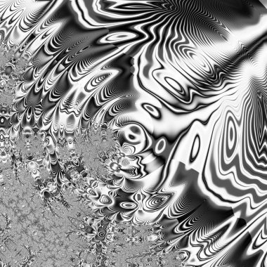Siyah ve beyaz monokrom soyut sanat video animasyonu gerçeküstü uzaylı fraktal kaleydoskopik anahat çiçek kristal simetri yapısı dönüşüm değişim sürecinde 