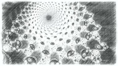 Siyah ve beyaz monokrom soyut sanat video animasyonu gerçeküstü uzaylı fraktal kaleydoskopik anahat çiçek kristal simetri yapısı dönüşüm değişim sürecinde 