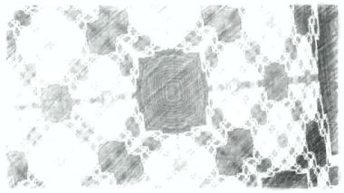 Siyah ve beyaz monokrom soyut sanat video animasyonu gerçeküstü uzaylı fraktal kaleydoskopik anahat çiçek kristal simetri yapısı dönüşüm değişim sürecinde 