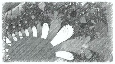 Siyah ve beyaz monokrom soyut sanat video animasyonu gerçeküstü uzaylı fraktal kaleydoskopik anahat çiçek kristal simetri yapısı dönüşüm değişim sürecinde 