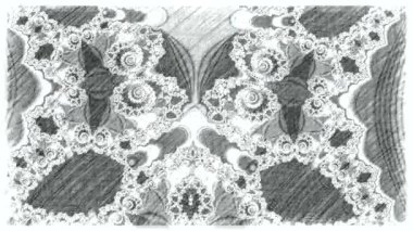 Siyah ve beyaz monokrom soyut sanat video animasyonu gerçeküstü uzaylı fraktal kaleydoskopik anahat çiçek kristal simetri yapısı dönüşüm değişim sürecinde 