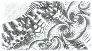 Siyah ve beyaz monokrom soyut sanat video animasyonu gerçeküstü uzaylı fraktal kaleydoskopik anahat çiçek kristal simetri yapısı dönüşüm değişim sürecinde 