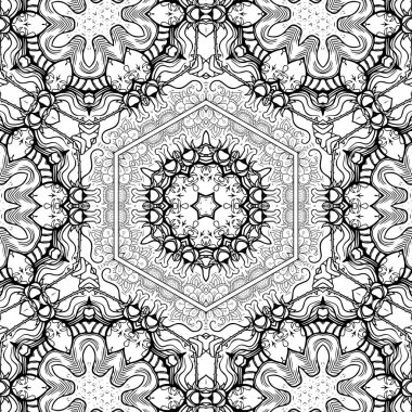 Kompleks Kaleydoskop Mandala. Boyama kitabı için. Beyaz Arkaplanda Siyah Çizgiler. Soyut Geometrik Süsleme