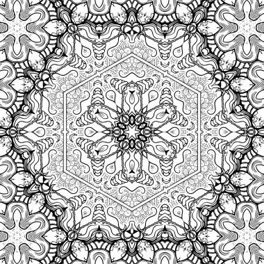 Kompleks Kaleydoskop Mandala. Boyama kitabı için. Beyaz Arkaplanda Siyah Çizgiler. Soyut Geometrik Süsleme