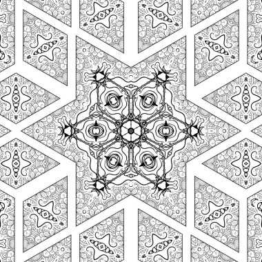 Kompleks Kaleydoskop Mandala. Boyama kitabı için. Beyaz Arkaplanda Siyah Çizgiler. Soyut Geometrik Süsleme