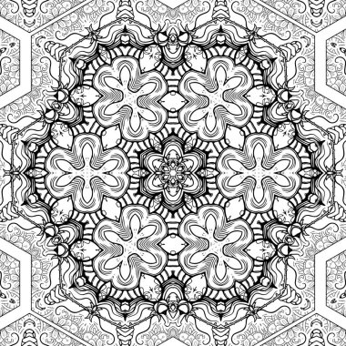 Kompleks Kaleydoskop Mandala. Boyama kitabı için. Beyaz Arkaplanda Siyah Çizgiler. Soyut Geometrik Süsleme