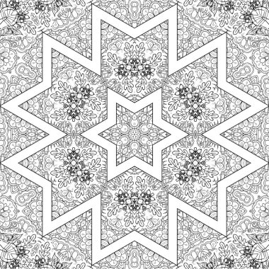 Kompleks Kaleydoskop Mandala. Boyama kitabı için. Beyaz Arkaplanda Siyah Çizgiler. Soyut Geometrik Süsleme