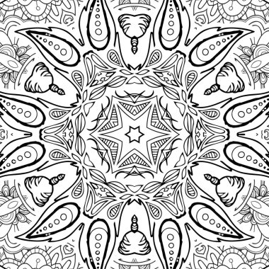 Kompleks Kaleydoskop Mandala. Boyama kitabı için. Beyaz Arkaplanda Siyah Çizgiler. Soyut Geometrik Süsleme