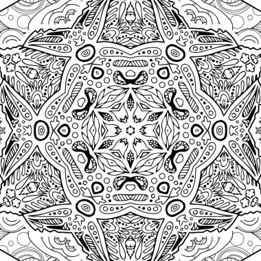 Kompleks Kaleydoskop Mandala. Boyama kitabı için. Beyaz Arkaplanda Siyah Çizgiler. Soyut Geometrik Süsleme