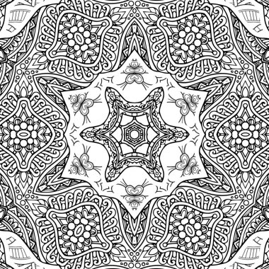 Kompleks Kaleydoskop Mandala. Boyama kitabı için. Beyaz Arkaplanda Siyah Çizgiler. Soyut Geometrik Süsleme