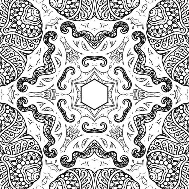 Kompleks Kaleydoskop Mandala. Boyama kitabı için. Beyaz Arkaplanda Siyah Çizgiler. Soyut Geometrik Süsleme