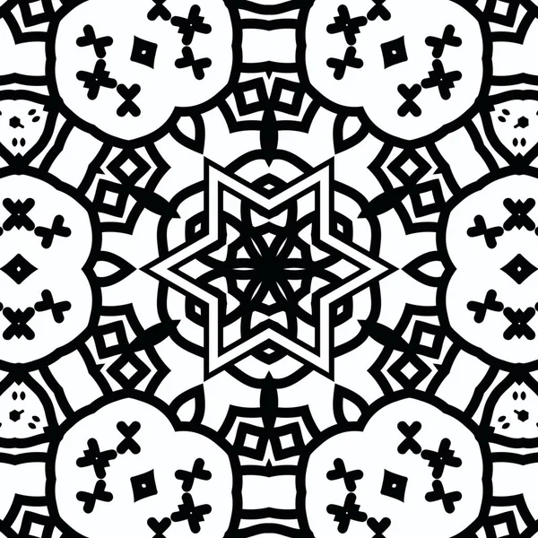 複雑な万華鏡曼荼羅 ぬり絵のため 白い背景の黒い線 概要幾何学的装飾 — ストック写真