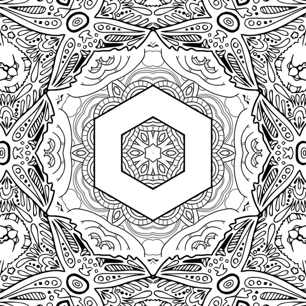 Complex Kaleidoscope Mandala Coloring Book Black Lines White Background Abstract — Stockfoto