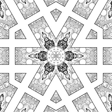 Kompleks Kaleydoskop Mandala. Boyama kitabı için. Beyaz Arkaplanda Siyah Çizgiler. Soyut Geometrik Süsleme