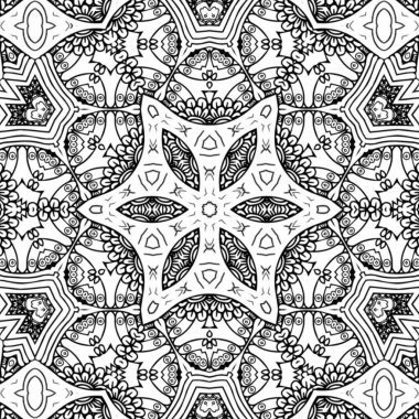 Kompleks Kaleydoskop Mandala. Boyama kitabı için. Beyaz Arkaplanda Siyah Çizgiler. Soyut Geometrik Süsleme