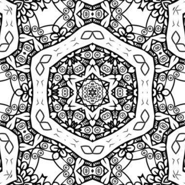 Kompleks Kaleydoskop Mandala. Boyama kitabı için. Beyaz Arkaplanda Siyah Çizgiler. Soyut Geometrik Süsleme